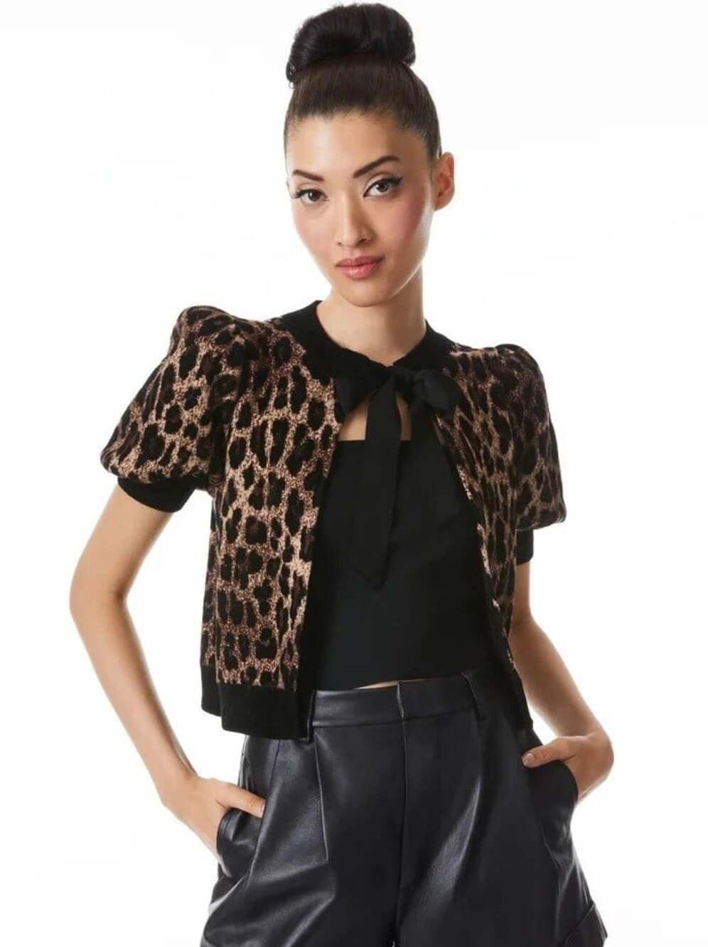 Alice + Olivia Kitty Leopard Puff Sleeve Cardigan Puff Large